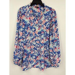 Talbots Ruffle Neck Floral Blouse Long Sleeve Blue Pink 3X Petite